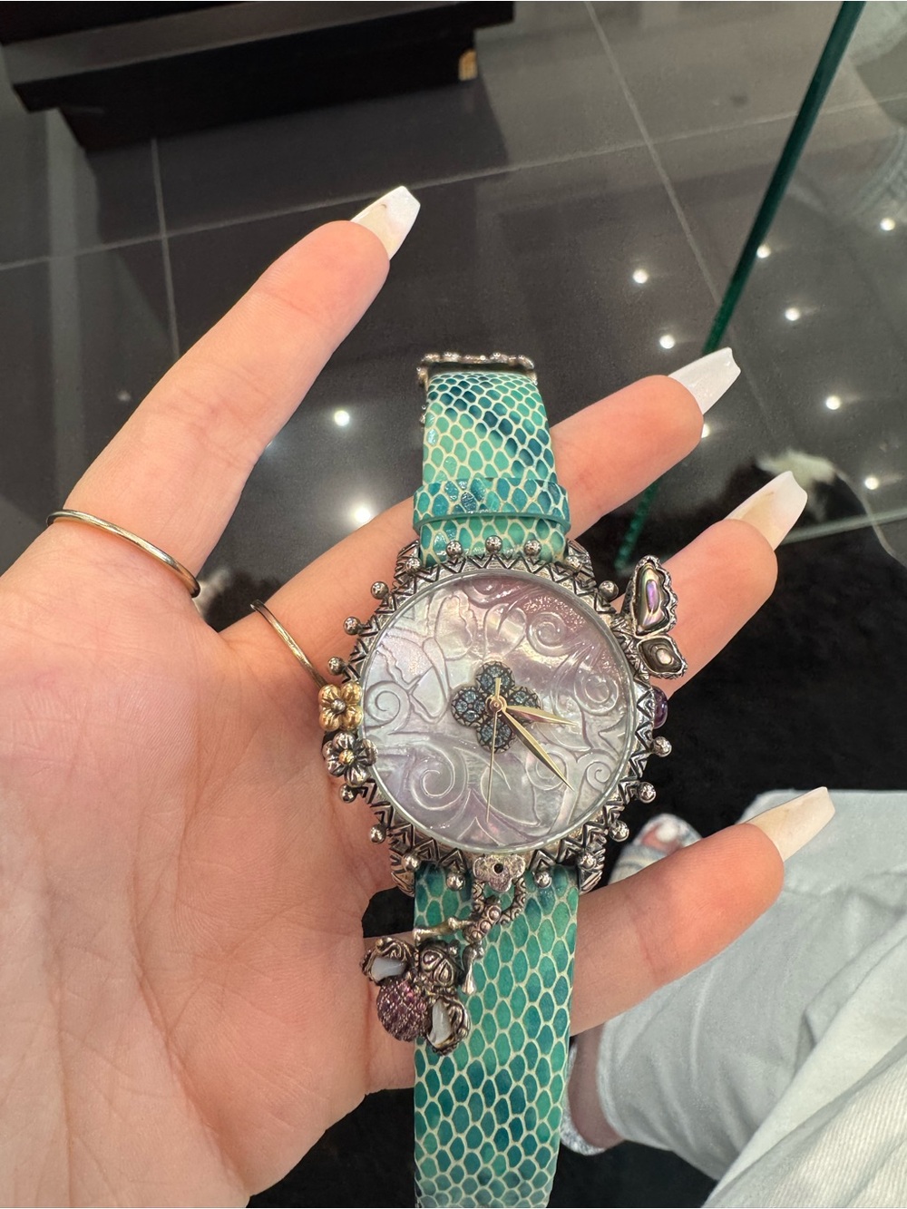 Barbara Bixby Multi-Gemstone Mother of Pearl Watch with Teal Leather strap